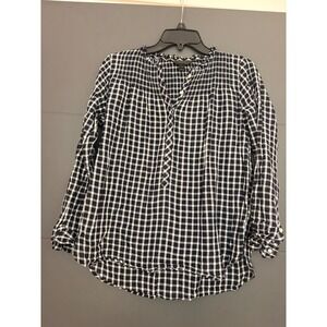J Crew Navy White Gingham Ruffle Neck Button Front Long Sleeve Shirt Top Size 4